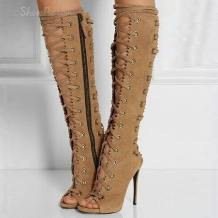 Shoespie Lace up Peep toe Stiletto Heel Knee High Boots