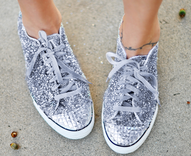 glitter sneakers DIY with studded toe