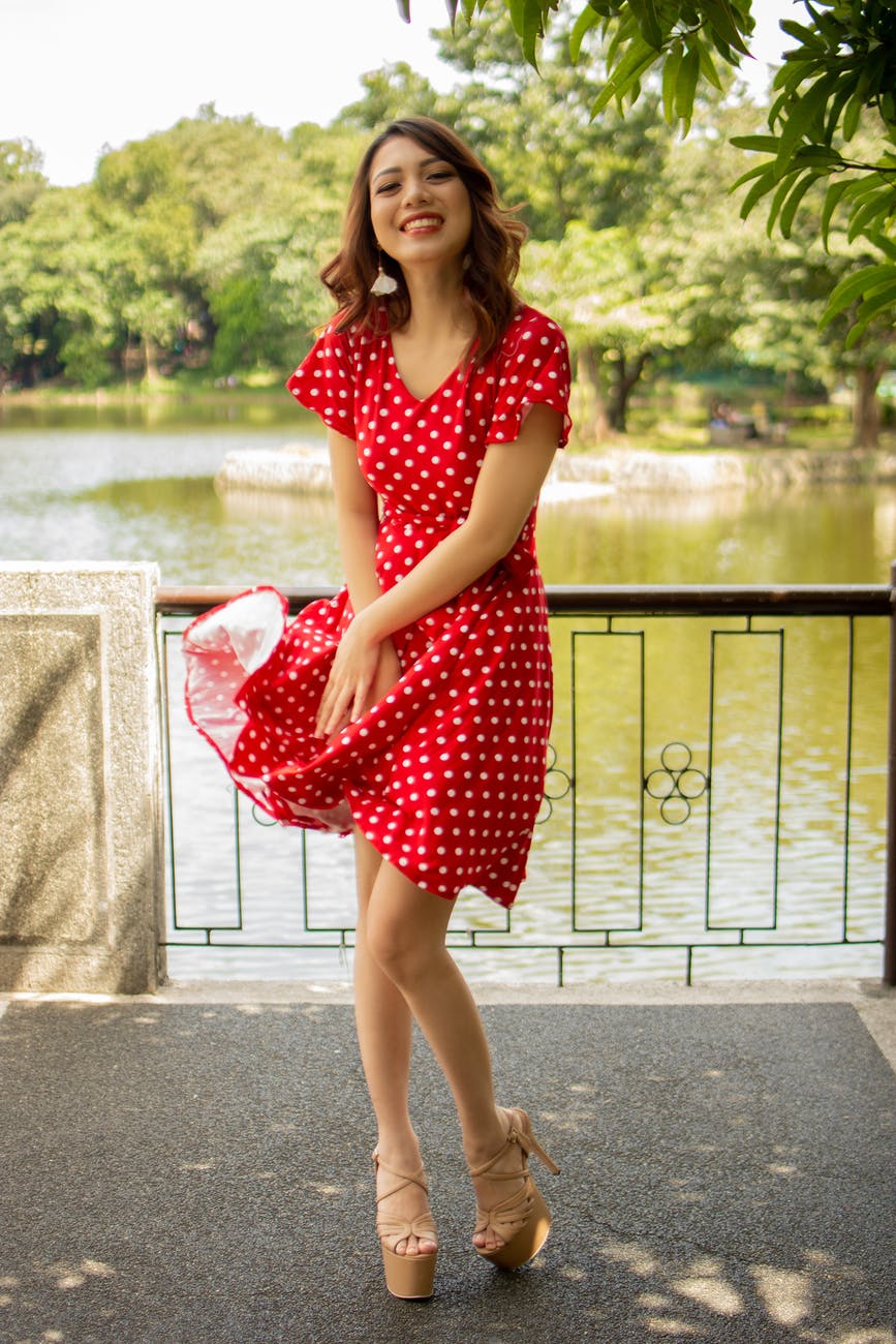 platform nude strappy sandals with red polka dot dress